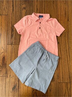 Andy & Evan Peach Polo Top with Light Gray Drawstring Shorts